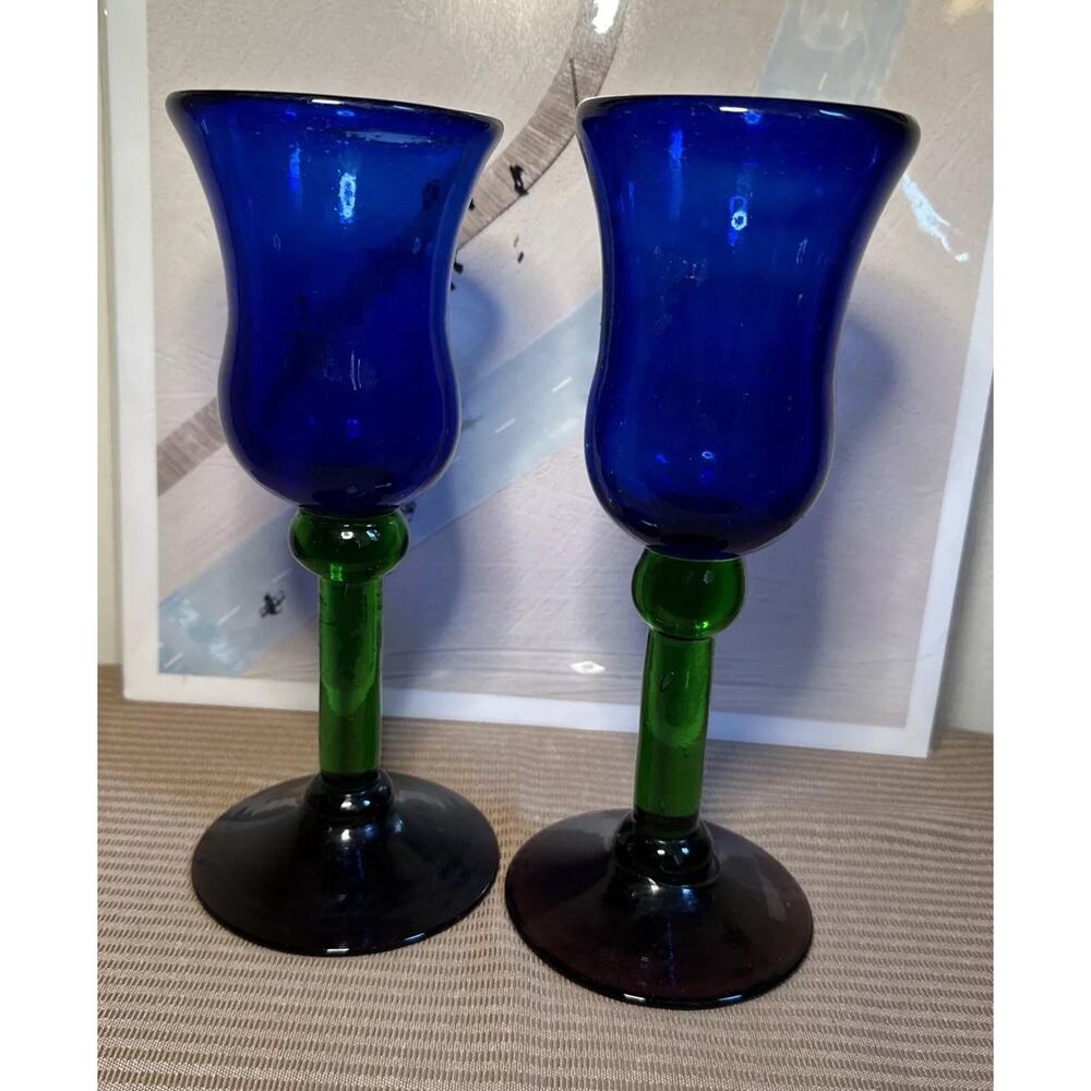 *Pair Tricolored Stemmed 9” Goblets / Art Glass Cobalt Green Purple 3” Base